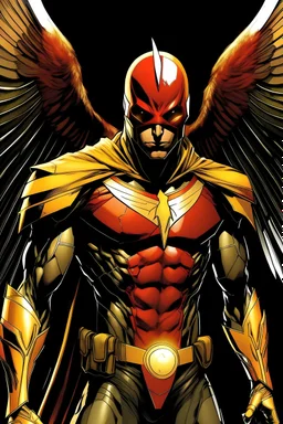 "Quantum Aegis," merging Hawkman's might, Red Hood's edge, Robin's heroism, and Phoenix Jones' practicality, dons an early 2000s aura. Visualize the sleek winged helmet, high-tech chestplate with a unified phoenix, bat, and "R" symbol, and tactical harness exuding millennium warrior chic. Black gloves, retractable tools, a gadget-filled utility belt, and tactical trousers with flame-patterned boots embody street-smart superhero style. The luminescent-edged cape adds a millennium touch.