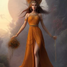 marigold goddess, beautiful face, long dress, brown hair, nordic