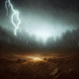 doom scenary. Heavy rain. Epic Lighting in the sky. Knight with magic scroll. Falling meteorite from the sky. Meteorite burning in the distance. Dark mud.