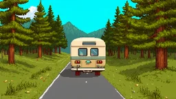 A camping bus at the side of a road, facing towards a cozy forest scenery. Digital art. Cozy. Warm. Cute. Using this colorscheme: "2f383e","374247","4a555b","859289","9da9a0","d3c6aa","e4e1cd","fdf6e3","7fbbb3","d699b6","dbbc7f","83c092","e69875","a7c080","e67e80","eaedc8"