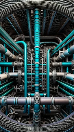 a complex tangle of pipes, joints, vortices of pipes, taps, drain pipes, like a kaleidoscopic tunnel