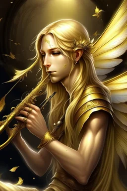 fee, männlich, libellen flügeln, hellblondes, langes Haar, Flöte spielend, lange spitze Ohren, goldene, auffällige Augen, realistisch