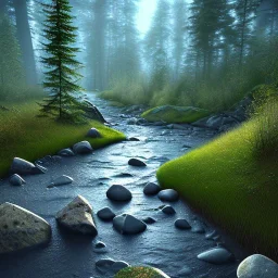 dense florest landscape with a river in a raining day and some rocks, photorealistic