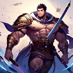 Large muscular man with a great sword wearing plated armor