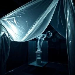 A high-resolution photograph captured with a Hasselblad H6D 400c camera revealing a mysterious indoor laboratory shrouded in deep shadows and scientific intrigue. A translucent plastic tarpaulin drapes gracefully over an angular plexiglass structure, creating ethereal folds and prismatic reflections that catch fragments of dim light, while inside the enclosure a peculiar device releases delicate wisps of vapor that spiral and curl against the transparent walls like ghostly tendrils.