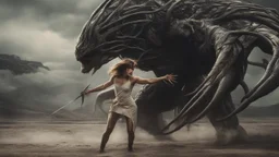 Full-body retro photo of a woman with straight hair and a Fringe, in a fight with a monster, wrapped in tenacles, in an action pose, sci-fi Background