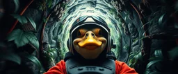 hyper sonic space warp through jungle tunnel crash pilot ,weird experiment gone wrong perspective close up portrait of dj shrimp beaver spider smug duck pilot looking down on cam, with background in the style of escher and giger, a chill contrapunctus fugue in the style of fsol, beethoven, goa trance breaks, dancefloor drum and bass,