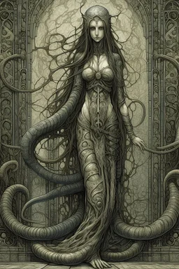 A beautiful girl with long hair , full body , with a snake , front view . decayed and rotting with grotesque proportions and imagery. grotesqueries, detailed texture, surreal horror, biomechanical design, by hr giger and beksinski
