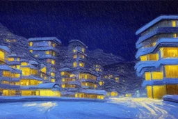 Night, winter, cyberpunk buildings in the mountains, tendency to science fiction, impressionism painting