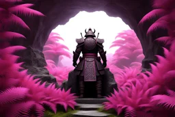 [fractal art: Apophysis] seen from outside: a stone samurai from below at the entrance of a circular cave surrounded by a fractal field of thousands of pink ferns of all sizes, everywhere everywhere on the image