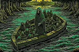 on the river Styx, in a special creepy boat, the boatman in the hood of Death, who takes the guilty people to the endless darkness, to hell on the boat, the crowd of crying, howling, begging dead, surreal style, dark colors, strange surreal nightmare landscape, high detail, sinister, surreal art, chillingly fascinating