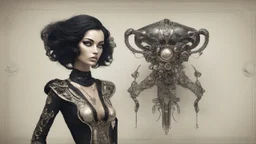 pale steampunk alien woman wearing exotic clothing. Black hair bob