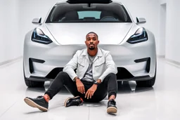 The image shows a man sitting on the floor in front of a futuristic-looking silver Tesla Cybertruck. The man is wearing a white jacket, black pants, and black shoes, accessorized with a chain necklace. The setting appears to be a sleek, minimalistic indoor showroom with white floors and walls, giving the scene a modern, high-tech atmosphere.