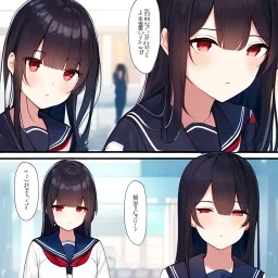 Clear Focus, High resolution, Black long hair, Red eyes, Wearing a sailor uniform, High quality comic