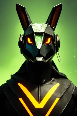 Medium Close Up Portrait, Front image. cyberpunk, rabbit mask helmet, strong man, titanium hair. Latex suit. Black, yellow, color. Rocketer style. Color background, photo studio. Avatar image, highly detailed, concept art, smooth, unreal engine 5, ray tracing, RTX, lumen lighting, ultra detail, volumetric lighting, 3d, finely drawn, high definition, high resolution.