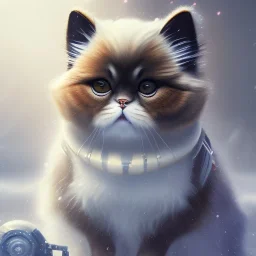 Cyberpunk Portrait of cyborg Persian cat child with brown hair and with cute face, north pole snowy vibe , perfect composition, hyperrealistic, super detailed, 8k, high quality, trending art, trending on artstation, sharp focus, studio photo, intricate details, highly detailed, by greg rutkowski