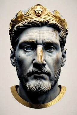 Ultra Realistic image, Roman sculpture, white marble material, Lionel Messi, gold Laurel leaves wreath, renaissance ornaments, radial gold lines, one gold star in heart, radial wave lines ornament, blue marble background, chisel style, waist up portrait, emperor style, epic, celestial, cinematic lighting, God light, god rays, 4k resolution, smooth details, ornate details, soft lighting, unreal engine 5, art station, substance 3d.