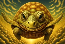 Cute tiny happy flying turtle, symmetrical face, fractal, fantasy folklore very detailed high quality intricately detailed painting photorealism 8K resolution beautiful complex mysterious sunshine rays tetradic colors naoto hattori