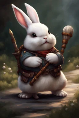 Cute chubby bunny adventurer with staff dnd art realism