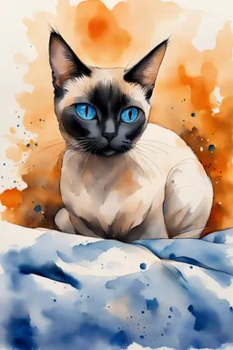 painting of a siamese cat with a black snout and blue eyes lying on the ground, crouching under a blanket, peeking out from underneath, hunting, the cat is in the centre of the picture taking up only one third of the image, in watercolour, in the background an orange wall, splatter, art, aquarell, pastell, ink, soft, lots of white negative space around the outside of the picture, white outlines, full shot