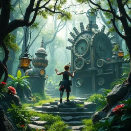Scene from a modern fantasy action movie featuring the "Garden of Practicality", the Clockwork Forest Realm of Ix Chel, Cyberpunk style.