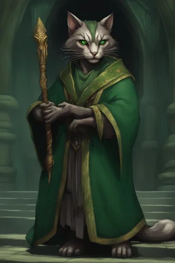 Male khajiit with grey fur and Hazel eyes wearing a emerald green robes in a fantasy setting