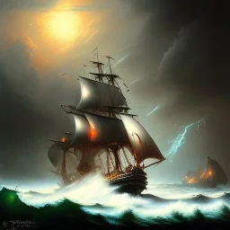 frank frazetta style, pirate ship battle, ocean, storm, night