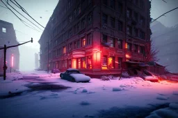 Michigan , streets of detroit, slums, snow, winter , run down, residental homes , night time, destroyed buildings , unity, scriptable render pipeline , red tone , volumetric , blue emission , fog , lighting.