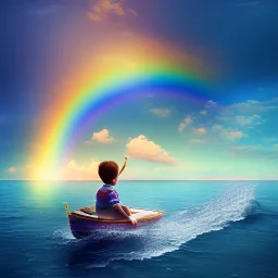 A little boy in a calm ocean on a boat with a rainbow in the sky