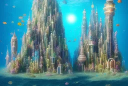 One mile tall underwater plastic city Towers made out of stacked Rubik's Cubes, Orange, white, blue, green.