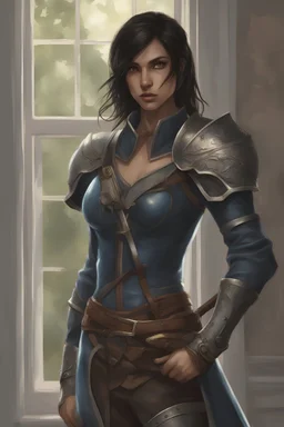 beautiful female, half elf, black silky straight shoulder length hair, blue leather armor with white accessories, holding a rapier, rapier sheath on hip, brown travelling boots, standing near window, plant on pot, brown dark eyes, realism