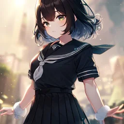 Clear focus, High resolution, fluffy black short hair, dark green eyes, wearing a black sailor uniform and pleated black skirt, fluffy hair, detailed outfit