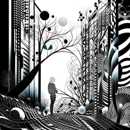 Abstract, dreamy, dreamlike, with subtle optical illusions and a strong black and white contrast illustration for the ideia "nenhum de nós é sábio, somos apenas pessoas que tentam agir sabiamente."