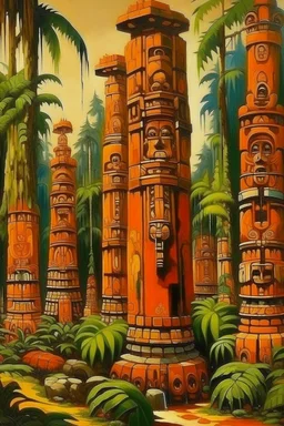 An orange colored jungle with an arena designed in pacific Northwest totem poles painted by Gustave Courbet