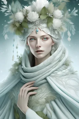 Beautiful silver and. Light blue, gradient green Leaves winter queen portrait, adorned with textured snow flakes, snowy greem mistletoe and pine leaves rococo style headdress wearing organic bio spinal ribbed detail of bioluminescence botanical rococo style costume, white camelia floral baclground, Golden dust and snowflake extremely detailed, textured hyperrealistic maximálist concept art