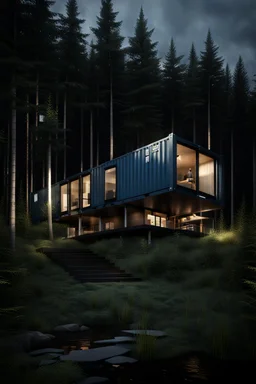 Medium-sized house in the woods made from shipping containers, photorealistic