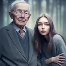 a young woman sitting next to a older man, portrait, 8K, close-up face, anatomically perfect face, Highly detailed stunning full frame portrait, misty and cloudy atmosphere