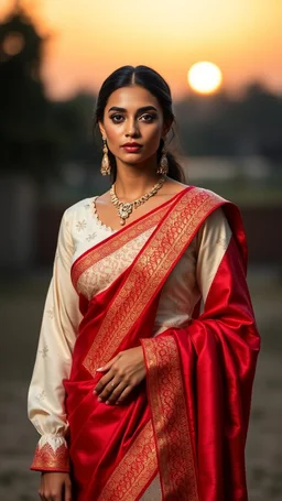 A regal supermodel stands beneath the soft glow of twilight, exuding poise and timeless allure. She wears an elegant ivory blouse adorned with delicate hand embroidery and subtle pearl detailing that shimmers with understated opulence. Her crimson silk saree flows in luxurious folds, the rich hue catching the light with every movement. The saree's border features intricate scalloped gold zari work that lends depth and grandeur to the ensemble. Her jewelry is steeped in tradition: an antique gold