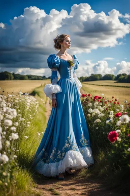 fullbody girl makeup wearing a victorian dress walking in country side ,flowers ,pretty clouds in blue sky