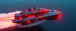 steam cybertruck katamaran boat spaceship hovering over water