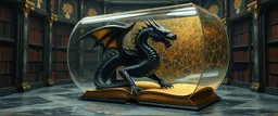 master oil painting by Escher and Giger, ancient library book obsidian chrome black dragon inside huge transparent vase and with gold, master 3d models