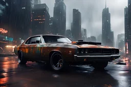 photo of a retrofitted cyberpunk 1969 Dodge Charger model with (heavily battered:1.6) and rusty body, special assembly parts fitted to the hood and roof, (black windscreens:1.7), thin LED headlights and rusty dark rims, menacing car style, cyberpunk city scene in background, towering skyscrapers, heavy rain