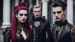 goth fashion, women and men in nice goth clothes, black, silver, gold, burgundy fashion colors, High detailed, sharp focus, looking at the camera, cinematic, masterpiece, high realistic, fashion photo