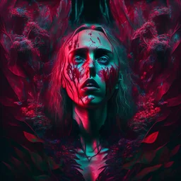 iridescent, Singer Danish MØ face, blood, futuristic, guts, wildflower, cosmic, intricate, darkred tones,sidhe, ominous, nature, plants,