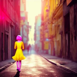 Beautiful lonely girl who walks along a street without people at dawn. You see her from behind. She wears very short yellow dress. She has short pink hair with glowing crystals. Full body, 8k resolution concept art. Professional Photo HD. Stylish. Warm vivid colors. Panoramic