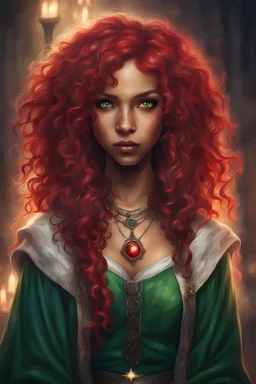 young mulatto sorceress of eighteen years old, green eyes, blood red wavy hair