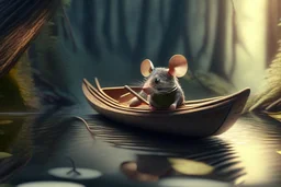 strong mouse rowing in boat, in forest by stream, book illustration, fine detail, 4k, trending, volumetric light, depth of field