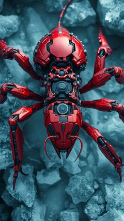 A dynamic aerial view showcasing the fusion of organic and Neumorphism elements, depicting a fully red mecha-ant. Its intricate mechanisms are driven by interlocking gears and complex mechanical teeth embedded throughout its massive frame. The larva's mane is ingeniously replaced with a rotating gear system, amplifying its cybernetic presence. With hyper-techno aesthetics, it prowls silently through the dense, mist-laden snow ice rock