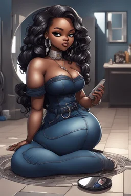 Create a futurism magna art of a black chibi curvy female sitting on the floor looking at herself in a hand mirror. She is wearing tight blue jeans and a black off the shoulder blouse. Prominent make up with lush lashes. Highly detailed long wavy hair. She is also wearing silver large hoop earringsart of a black chibi curvy female sitting on the floor looking at her cell phone. She is wearing tight blue jeans and a black off the shoulder blouse. Prominent make up with lush lashes.