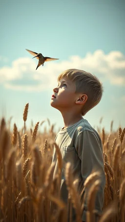 Extremely realistic photo of young boy ,looking up from a distance to hummingbird, standing among big fields of barley in sunny day, (Rembrandt Lighting), zeiss lens, ultra realistic, (high detailed skin:1.2), 8k uhd, dslr, Dramatic Rim light, high quality, Fujifilm XT3, artwork in pale distressed tones , minimalistic approach, blends old world aesthetics art with elements of distressed painting and illustration, shadow play, high conceptuality, palette inspired by Charlene Mc Nally,